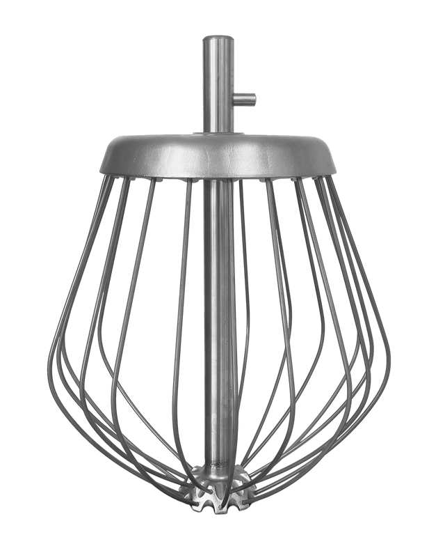A stainless steel wire whisk attachment for a stand mixer, featuring multiple curved wires converging at the bottom and connected to a solid central hub with a cylindrical shaft. Compatible with the 20 Qt. Kodiak Whip Varimixer. The background is plain white.