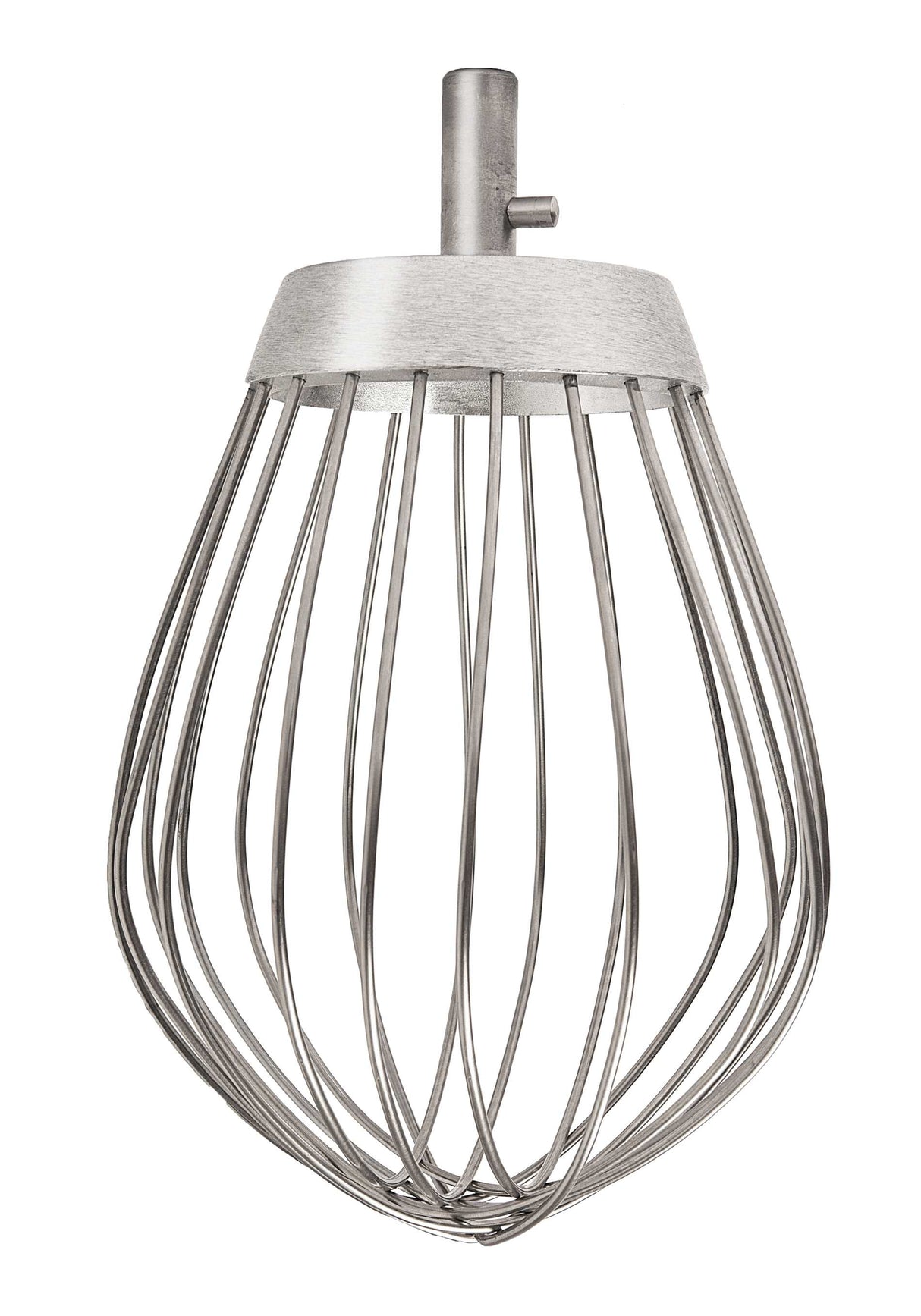 A stainless steel wire whisk attachment for a stand mixer, featuring multiple curved loops converging at a central hub with a short cylindrical connector. Compatible with the Varimixer 20 Qt. Kodiak Whip, it's ideal for mixing or whipping ingredients.
