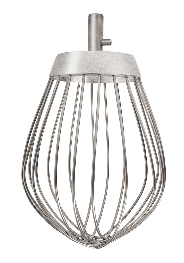 A stainless steel wire whisk attachment for a stand mixer, featuring multiple curved loops converging at a central hub with a short cylindrical connector. Compatible with the Varimixer 20 Qt. Kodiak Whip, it's ideal for mixing or whipping ingredients.