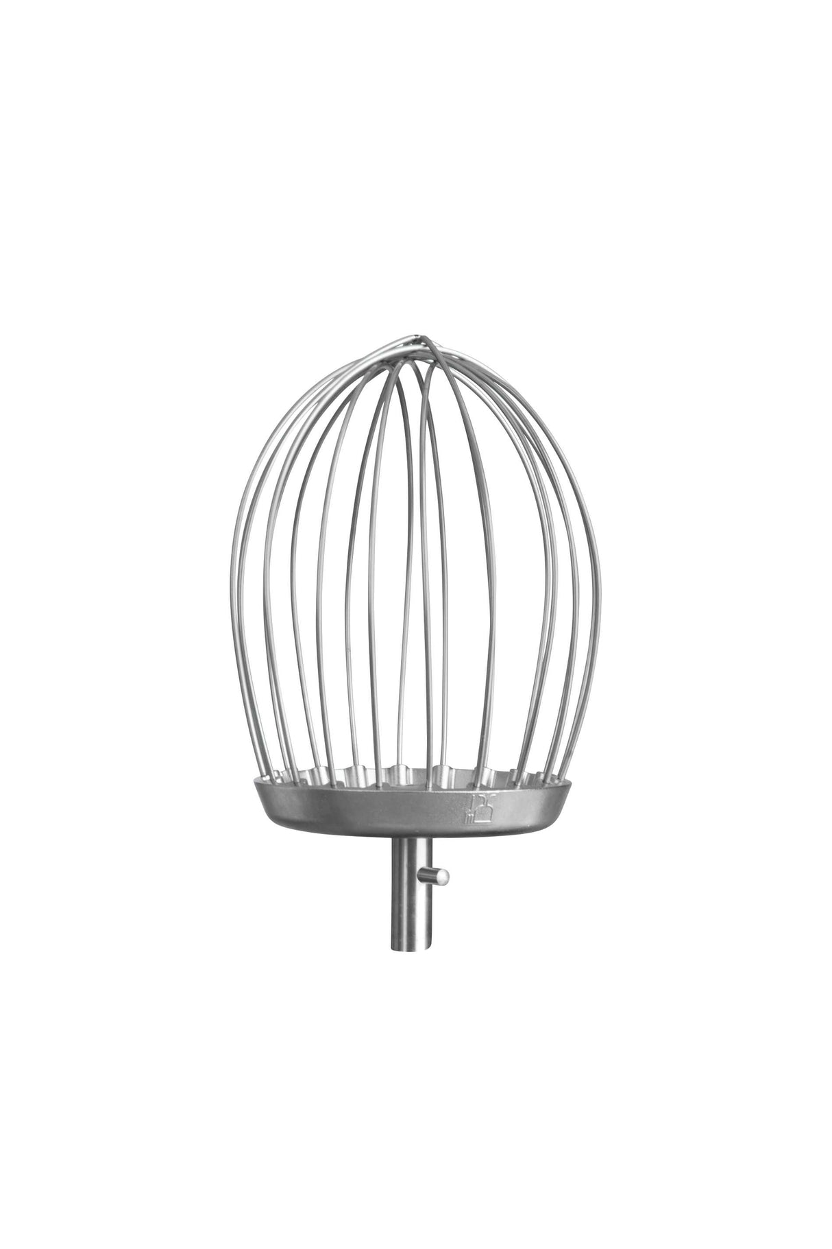 A metal Varimixer whip with a round balloon shape and a sturdy metal base, designed as a mixer attachment for the 20 Qt. Kodiak Mixer, is shown isolated on a white background.