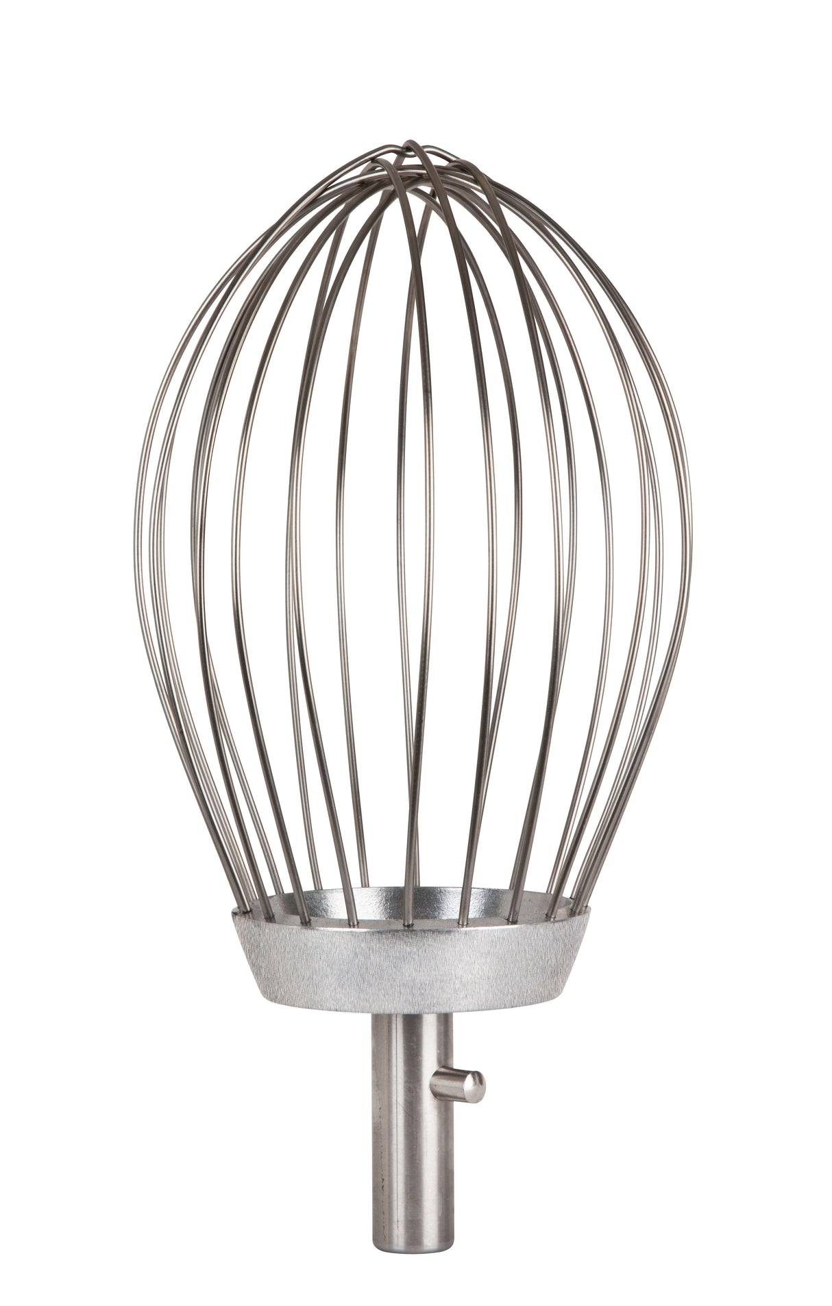 A large industrial wire whisk attachment compatible with the 100Q ERGO Mixer, featuring evenly spaced, curved wires forming a balloon shape. The sturdy metal construction and pin base ensure secure use with Varimixer stand mixers.