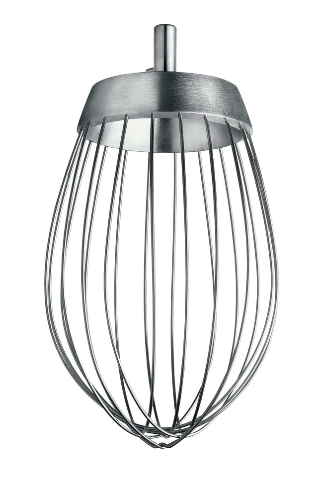 A Varimixer wire whip attachment for a stand mixer, designed for an 80 qt. bowl, with thin, evenly spaced wires curving downward from a solid metal base into a balloon shape. The connection point is visible at the top against a white background.