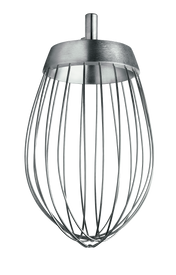 A stainless steel wire whip attachment for a stand mixer, compatible with the 100Q ERGO mixer and Varimixer, features a metal hub and multiple thin, evenly spaced wires forming a balloon shape, shown against a plain white background.