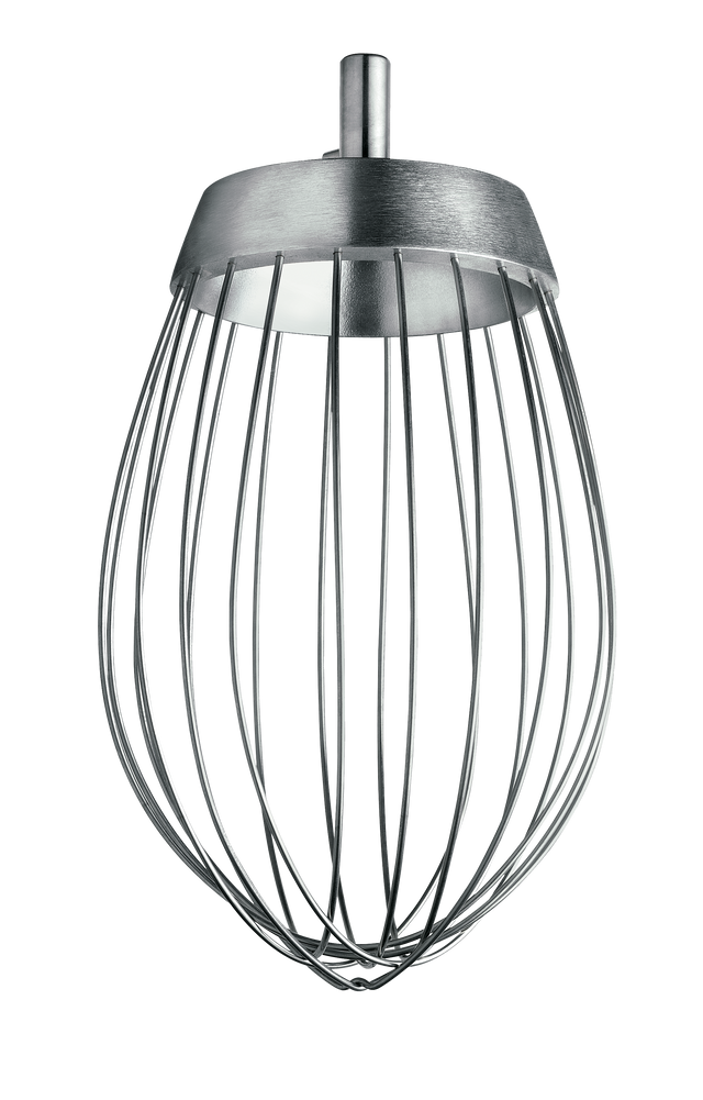 A stainless steel wire whip attachment for a stand mixer, compatible with the 100Q ERGO mixer and Varimixer, features a metal hub and multiple thin, evenly spaced wires forming a balloon shape, shown against a plain white background.