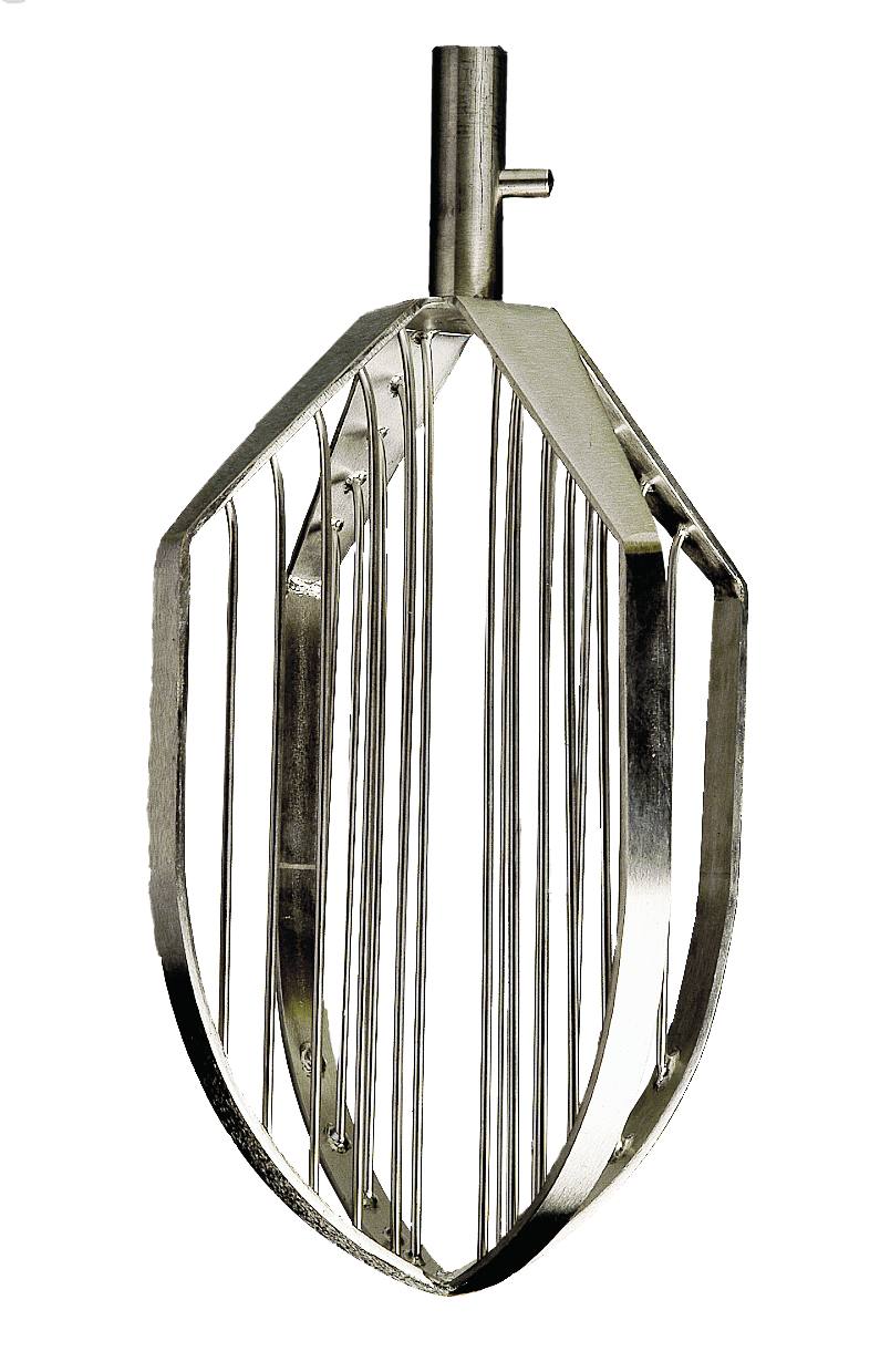A Varimixer metal mixer attachment with a flat, paddle-like shape and several vertical metal bars, designed for use in the 100Q ERGO Mixer, is shown against a white background. The attachment has a cylindrical mount at the top for connecting to the mixer.