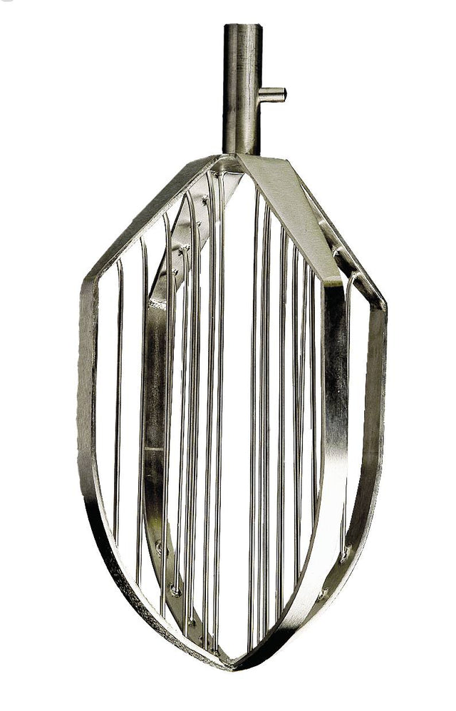 A Varimixer metal mixer attachment with a flat, paddle-like shape and several vertical metal bars, designed for use in the 100Q ERGO Mixer, is shown against a white background. The attachment has a cylindrical mount at the top for connecting to the mixer.