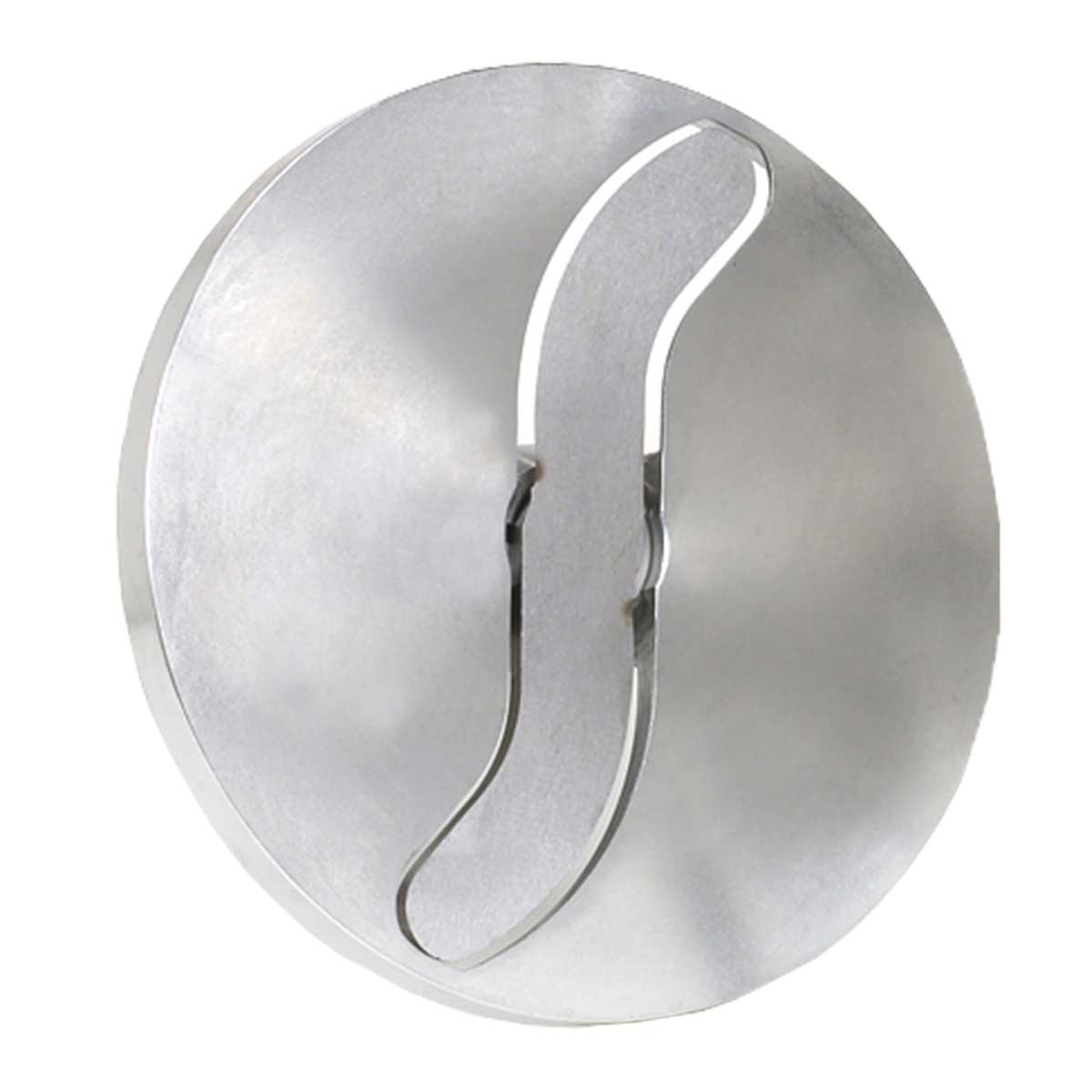 A round, flat metal object with a smooth, brushed surface. At its center is an S-shaped, curved slit—like the Adjustable Slicing Plate on a Varimixer vegetable slicer—giving it a modern, industrial appearance. Edges are smooth and subtly reflective.