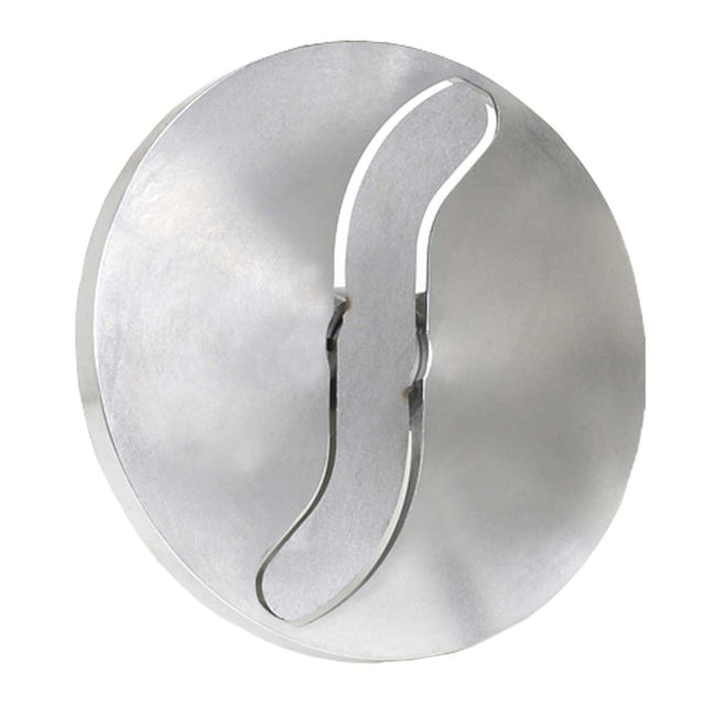 A round, flat metal object with a smooth, brushed surface. At its center is an S-shaped, curved slit—like the Adjustable Slicing Plate on a Varimixer vegetable slicer—giving it a modern, industrial appearance. Edges are smooth and subtly reflective.
