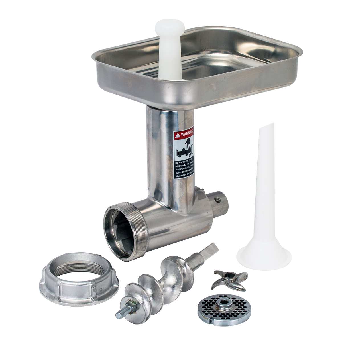 A disassembled stainless steel meat grinder, like the Varimixer XMCA-SS, is shown with a rectangular tray, auger, screw ring, grinding plate, cutting blade, plastic pusher, and sausage stuffing funnel on a white background.