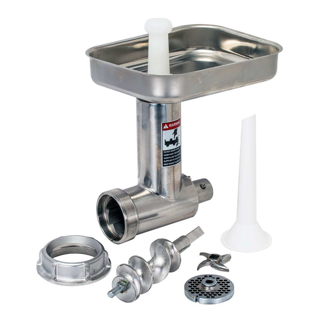 A disassembled stainless steel meat grinder, like the Varimixer XMCA-SS, is shown with a rectangular tray, auger, screw ring, grinding plate, cutting blade, plastic pusher, and sausage stuffing funnel on a white background.