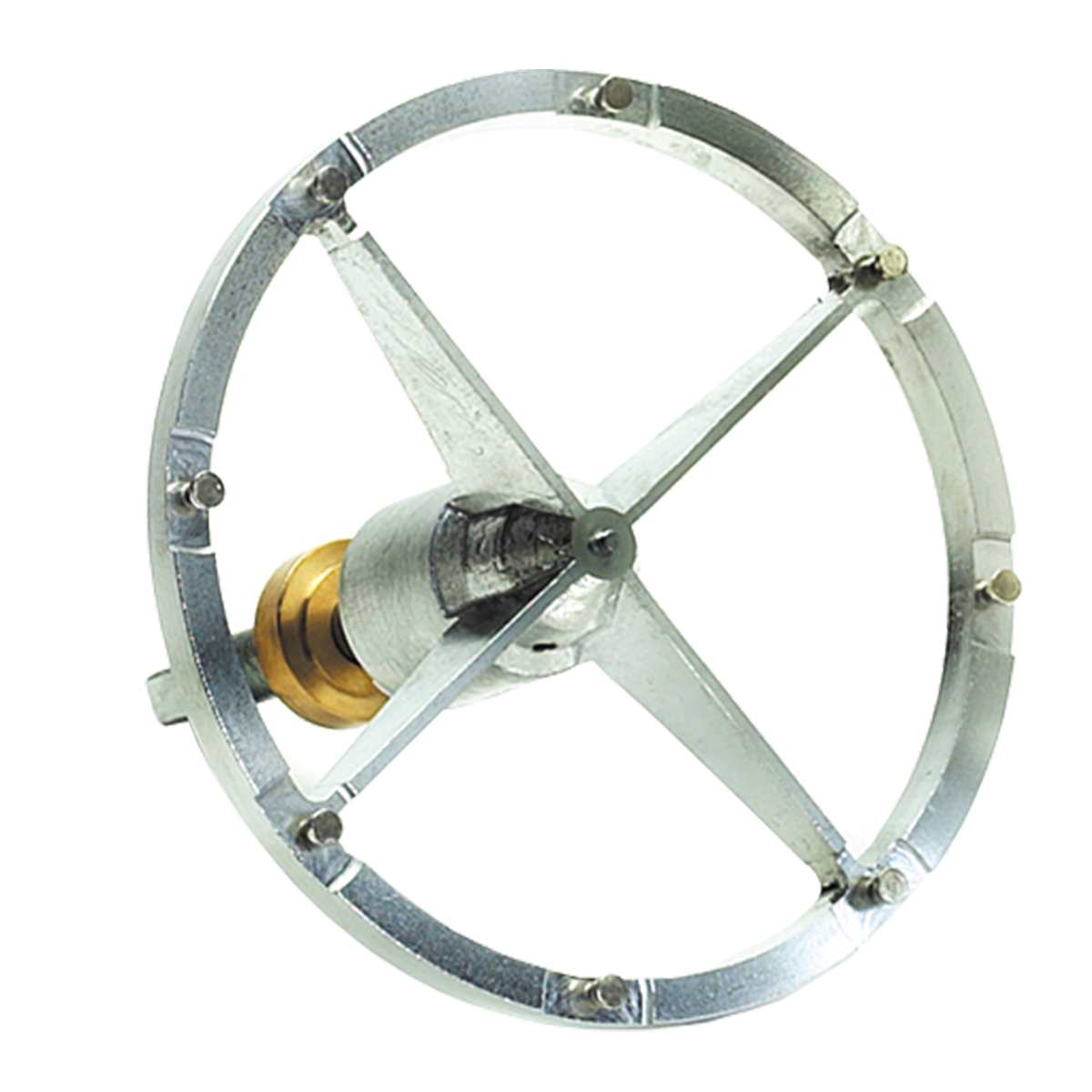 A metal drywall mud mixer with a circular, open frame and four cross-shaped blades is attached to a cylindrical shaft and brass connector, designed for mixing paint or joint compound with a power drill or Varimixer. The mixer is silver with some brass components.