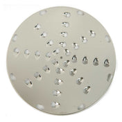 A round, flat stainless steel shredding plate with sharp, raised grater holes arranged in circular patterns. The disc features eight oval slots around the edge for attachment, and its shiny surface reflects light.