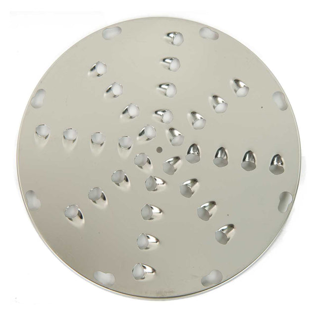 A round, flat stainless steel shredding plate with sharp, raised grater holes arranged in circular patterns. The disc features eight oval slots around the edge for attachment, and its shiny surface reflects light.