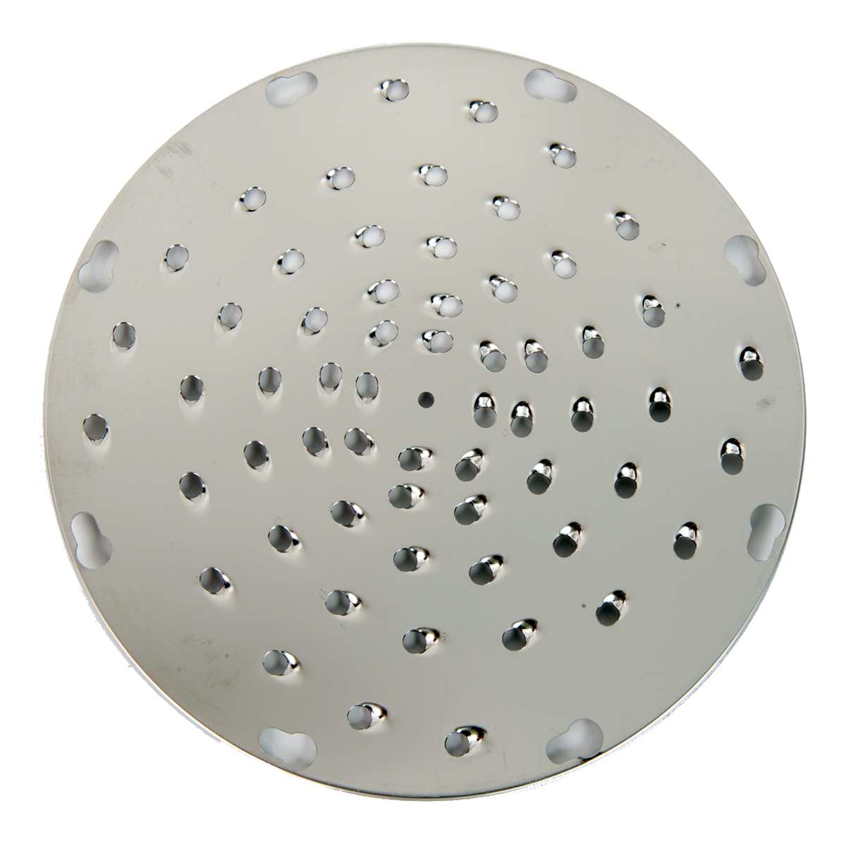 A round, shiny stainless steel disc with multiple holes of various sizes arranged in circular patterns. This reflective Shredding Plate is likely a kitchen tool or part of a Varimixer food processor, perfect for grating or straining tasks.
