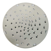 A round, shiny stainless steel disc with multiple holes of various sizes arranged in circular patterns. This reflective Shredding Plate is likely a kitchen tool or part of a Varimixer food processor, perfect for grating or straining tasks.