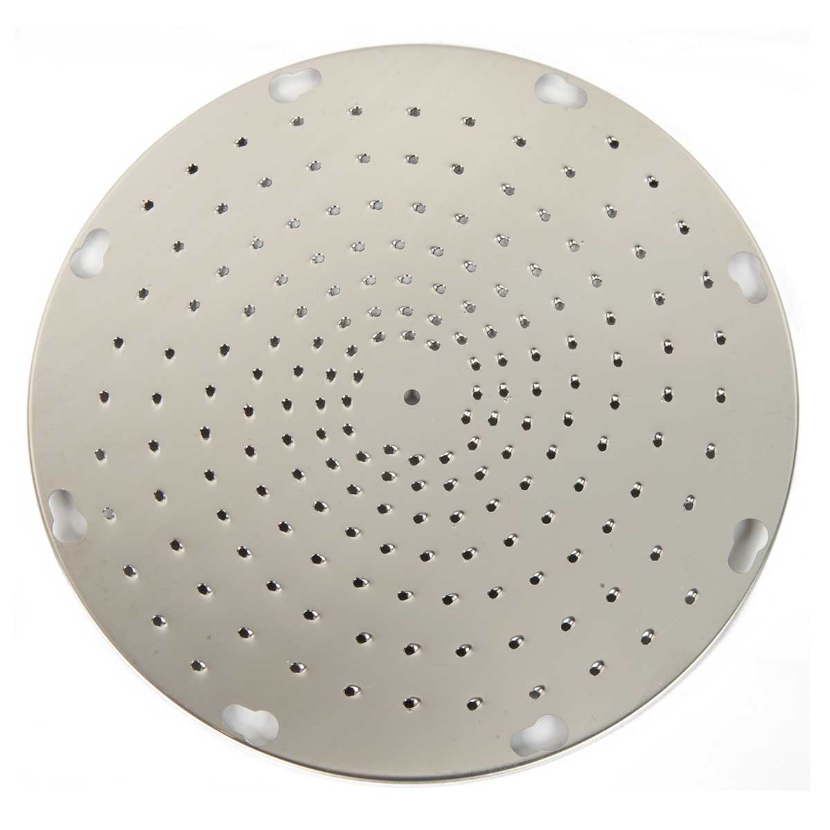 A round, flat stainless steel shredding plate with numerous small, evenly spaced holes in concentric circles. Four larger oval holes are evenly spaced near the edge for mounting or handling. The surface is smooth and reflective.