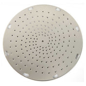A round, flat stainless steel shredding plate with numerous small, evenly spaced holes in concentric circles. Four larger oval holes are evenly spaced near the edge for mounting or handling. The surface is smooth and reflective.