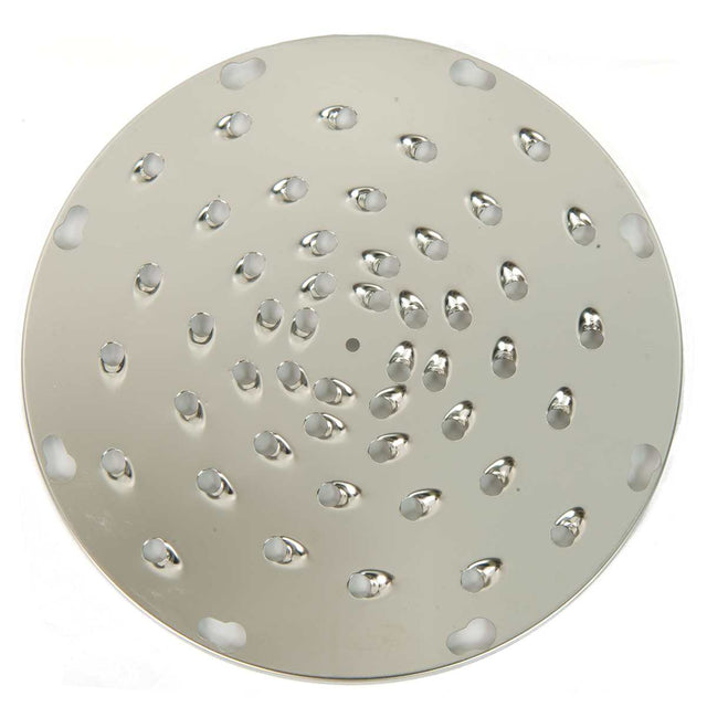 A round, flat stainless steel shredding plate with multiple small, raised, oval-shaped grating holes arranged in concentric circles. Large curved cutouts along the outer edge make it a durable Varimixer food grater insert with a shiny, reflective finish.