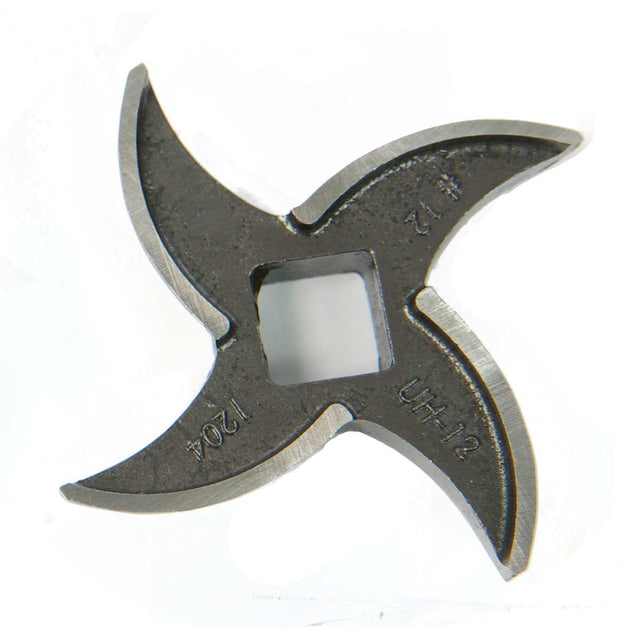 A Varimixer chopper knife (XMCA-SS), this metal meat grinder blade features four sharp, curved edges and a square center hole. Marked with UH-12 and 1204, the slightly worn silver blade is shown from above on a white background.