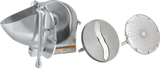 A stainless steel food mill with a handle and bowl is shown disassembled. Two interchangeable round discs for grinding are positioned beside it, resembling attachments used in Hobart #12 attachment hub vegetable slicers.