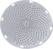 A round, flat, silver metal VS9PLT-13MMSH plate with a spiral pattern of small holes and notches around the edge, this Hobart 13mm shredder plate features a smooth, reflective surface—ideal for draining or steaming in cookware.