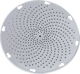 A round, silver 5mm Shredder Plate for Hobart models, featuring multiple small holes in a spiral pattern. Five larger holes near the edge of the VS9PLT-5MMSH plate offer secure mounting. The surface is shiny and highly reflective.