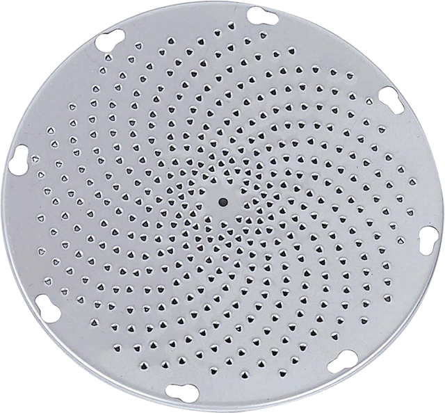 A round, silver 5mm Shredder Plate for Hobart models, featuring multiple small holes in a spiral pattern. Five larger holes near the edge of the VS9PLT-5MMSH plate offer secure mounting. The surface is shiny and highly reflective.