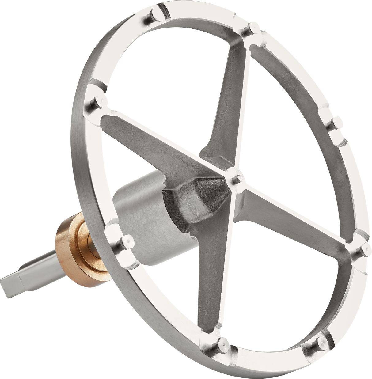 A metal tool with a circular, open frame and four evenly spaced internal spokes forming a cross, designed as a Plate Holder for shredder & grater plates. It features a #12 hub and is attached to a cylindrical shaft with a bronze-colored section near the base.