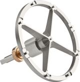 A metal tool with a circular, open frame and four evenly spaced internal spokes forming a cross, designed as a Plate Holder for shredder & grater plates. It features a #12 hub and is attached to a cylindrical shaft with a bronze-colored section near the base.