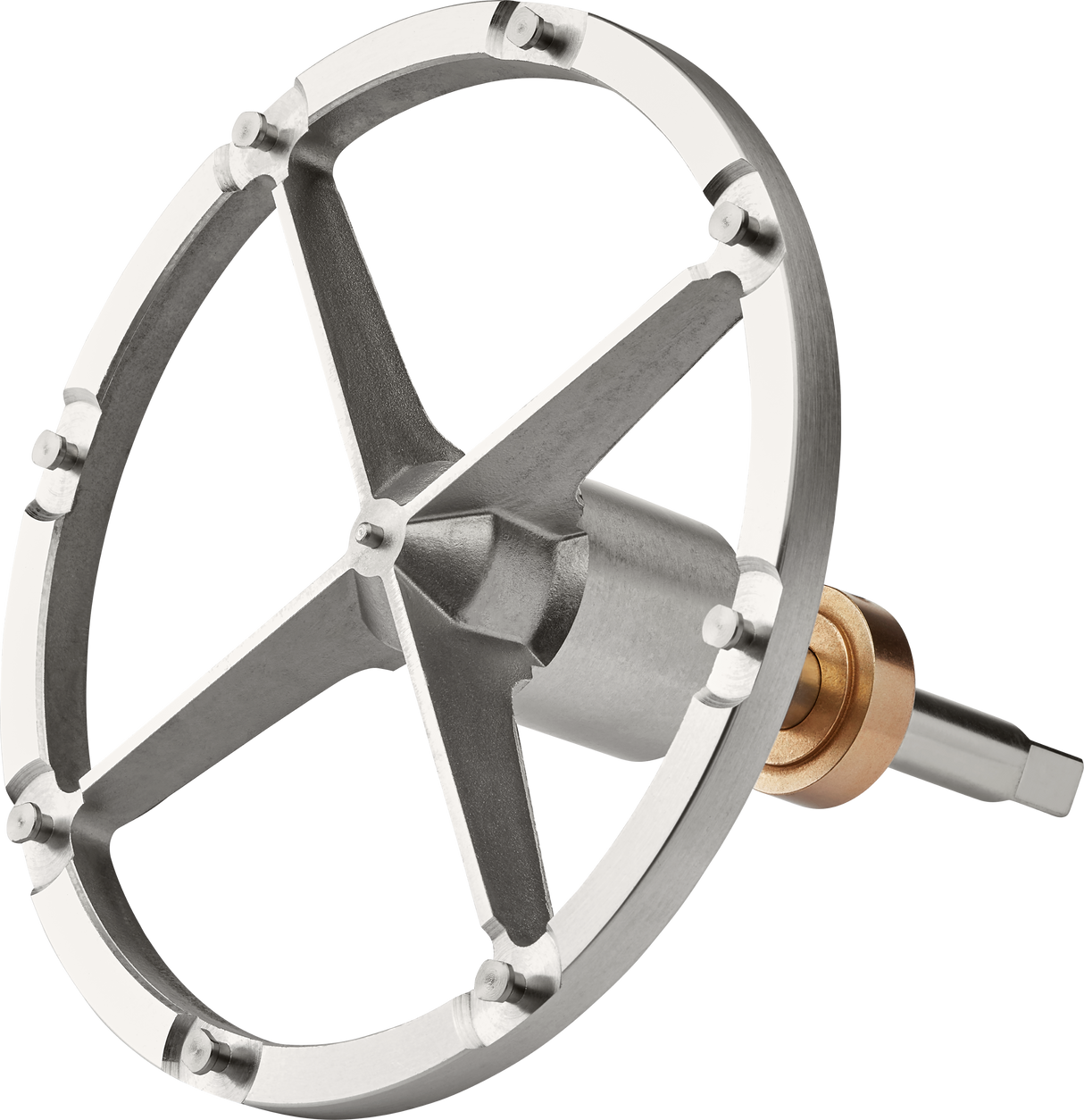 A close-up of a Hobart mechanical component featuring a silver, four-spoked wheel with a central hub and a brass and steel axle, designed for use with shredder & grater plates. The sturdy, industrial Plate Holder #12 is isolated on a white background.