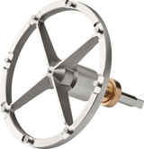 A close-up of a Hobart mechanical component featuring a silver, four-spoked wheel with a central hub and a brass and steel axle, designed for use with shredder & grater plates. The sturdy, industrial Plate Holder #12 is isolated on a white background.
