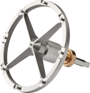 A close-up of a Hobart mechanical component featuring a silver, four-spoked wheel with a central hub and a brass and steel axle, designed for use with shredder & grater plates. The sturdy, industrial Plate Holder #12 is isolated on a white background.