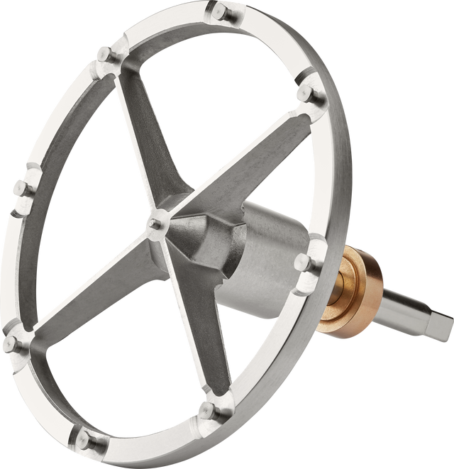 A close-up of a Hobart mechanical component featuring a silver, four-spoked wheel with a central hub and a brass and steel axle, designed for use with shredder & grater plates. The sturdy, industrial Plate Holder #12 is isolated on a white background.