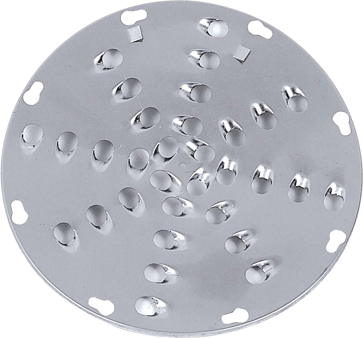 A round, flat metal shredder plate with multiple raised, sharp-edged holes arranged in a circular pattern. Designed for Hobart machines, this 1/2 plate features cut-out notches around the edge for easy attachment and efficient grating or shredding.