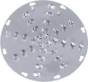 A round, flat metal shredder plate with multiple raised, sharp-edged holes arranged in a circular pattern. Designed for Hobart machines, this 1/2 plate features cut-out notches around the edge for easy attachment and efficient grating or shredding.