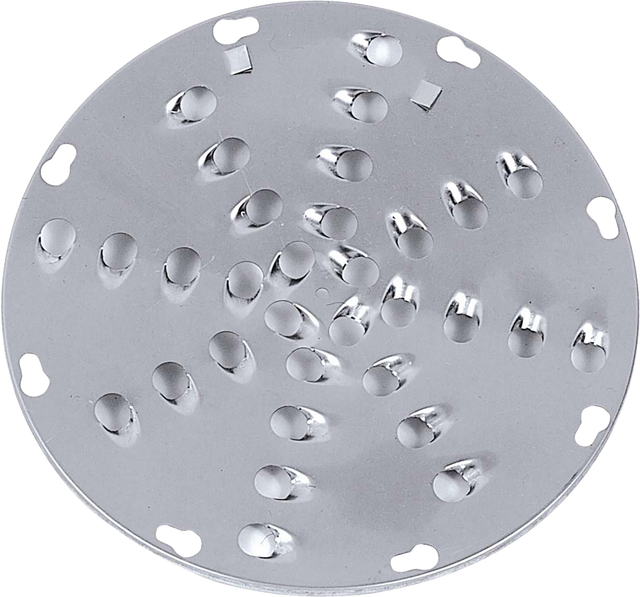 A round, flat metal shredder plate with multiple raised, sharp-edged holes arranged in a circular pattern. Designed for Hobart machines, this 1/2 plate features cut-out notches around the edge for easy attachment and efficient grating or shredding.
