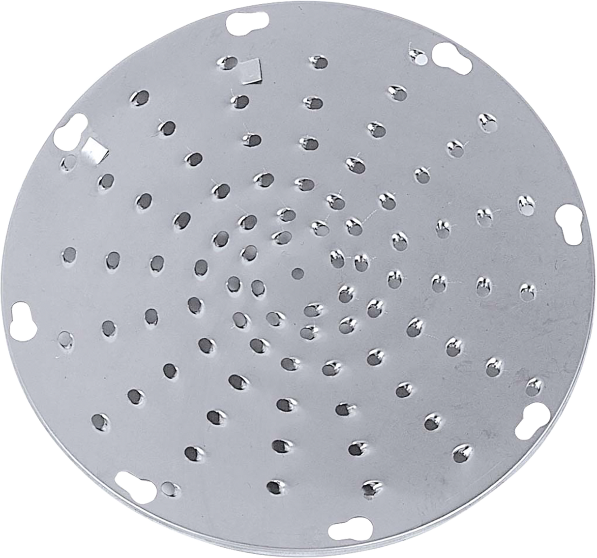 A round, flat, silver metal disc—like a Hobart shredder plate—with multiple circular holes in concentric circles and several larger cutouts near the edge. The 3/16 inch shiny surface resembles a steamer plate or strainer.
