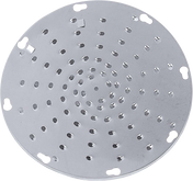 A round, flat, silver metal disc—like a Hobart shredder plate—with multiple circular holes in concentric circles and several larger cutouts near the edge. The 3/16 inch shiny surface resembles a steamer plate or strainer.