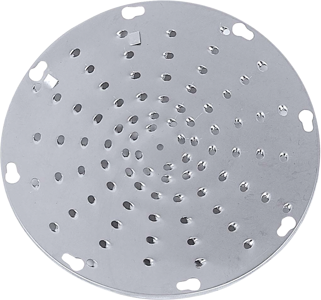 A round, flat, silver metal disc—like a Hobart shredder plate—with multiple circular holes in concentric circles and several larger cutouts near the edge. The 3/16 inch shiny surface resembles a steamer plate or strainer.