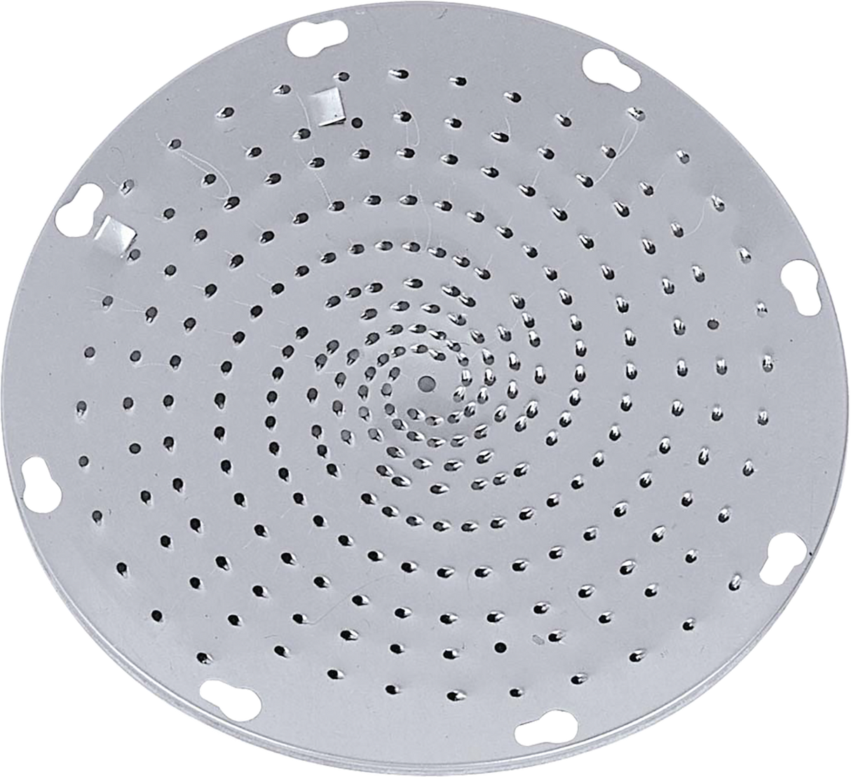 A round, flat shredder plate with 3/32 holes arranged in a spiral pattern. Four larger holes are evenly spaced near the edge. The shiny, silver Hobart metal plate sits against a plain white background.