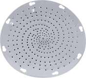 A round, flat shredder plate with 3/32 holes arranged in a spiral pattern. Four larger holes are evenly spaced near the edge. The shiny, silver Hobart metal plate sits against a plain white background.