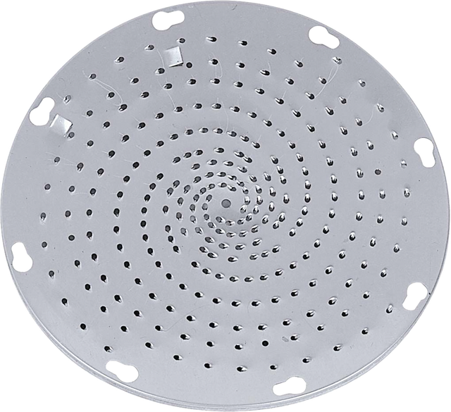A round, flat shredder plate with 3/32 holes arranged in a spiral pattern. Four larger holes are evenly spaced near the edge. The shiny, silver Hobart metal plate sits against a plain white background.