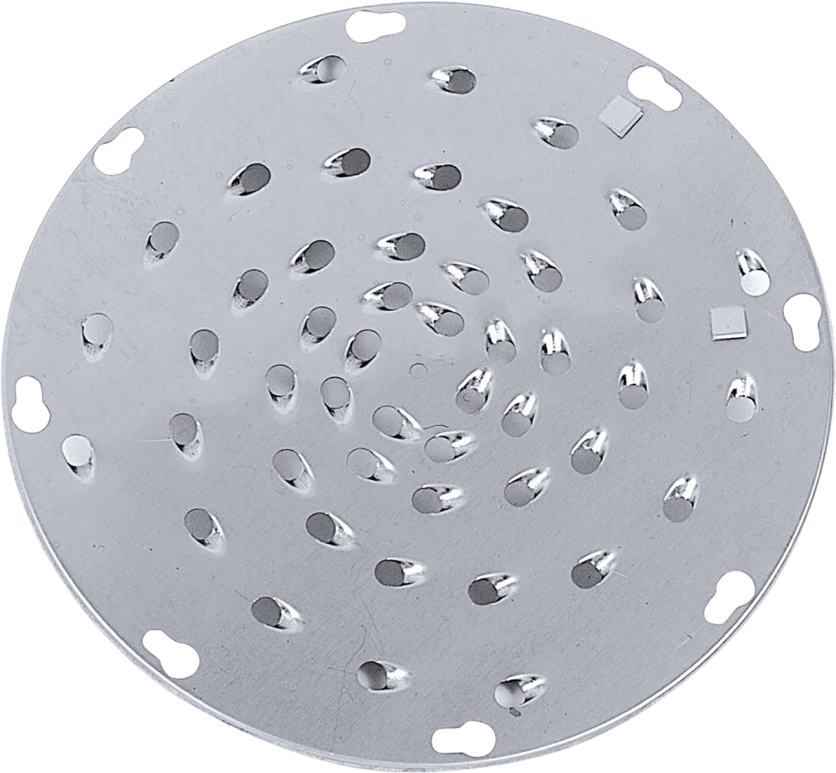 A round, flat metal shredder plate with multiple small oval and round holes arranged in spiral and circular patterns. The shiny silver Hobart VS9PLT-5/16SH disc has evenly spaced notches around the perimeter that catch the light.