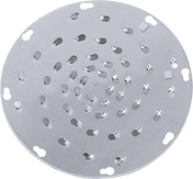A round, flat metal shredder plate with multiple small oval and round holes arranged in spiral and circular patterns. The shiny silver Hobart VS9PLT-5/16SH disc has evenly spaced notches around the perimeter that catch the light.
