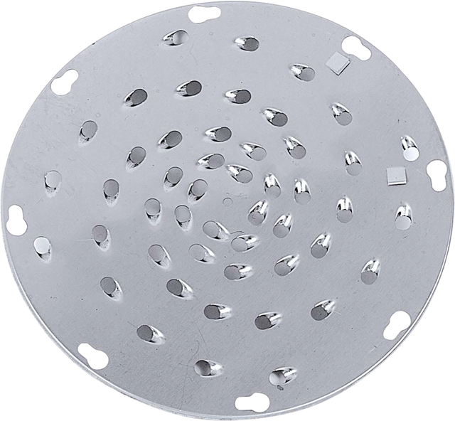 A round, flat metal shredder plate with multiple small oval and round holes arranged in spiral and circular patterns. The shiny silver Hobart VS9PLT-5/16SH disc has evenly spaced notches around the perimeter that catch the light.