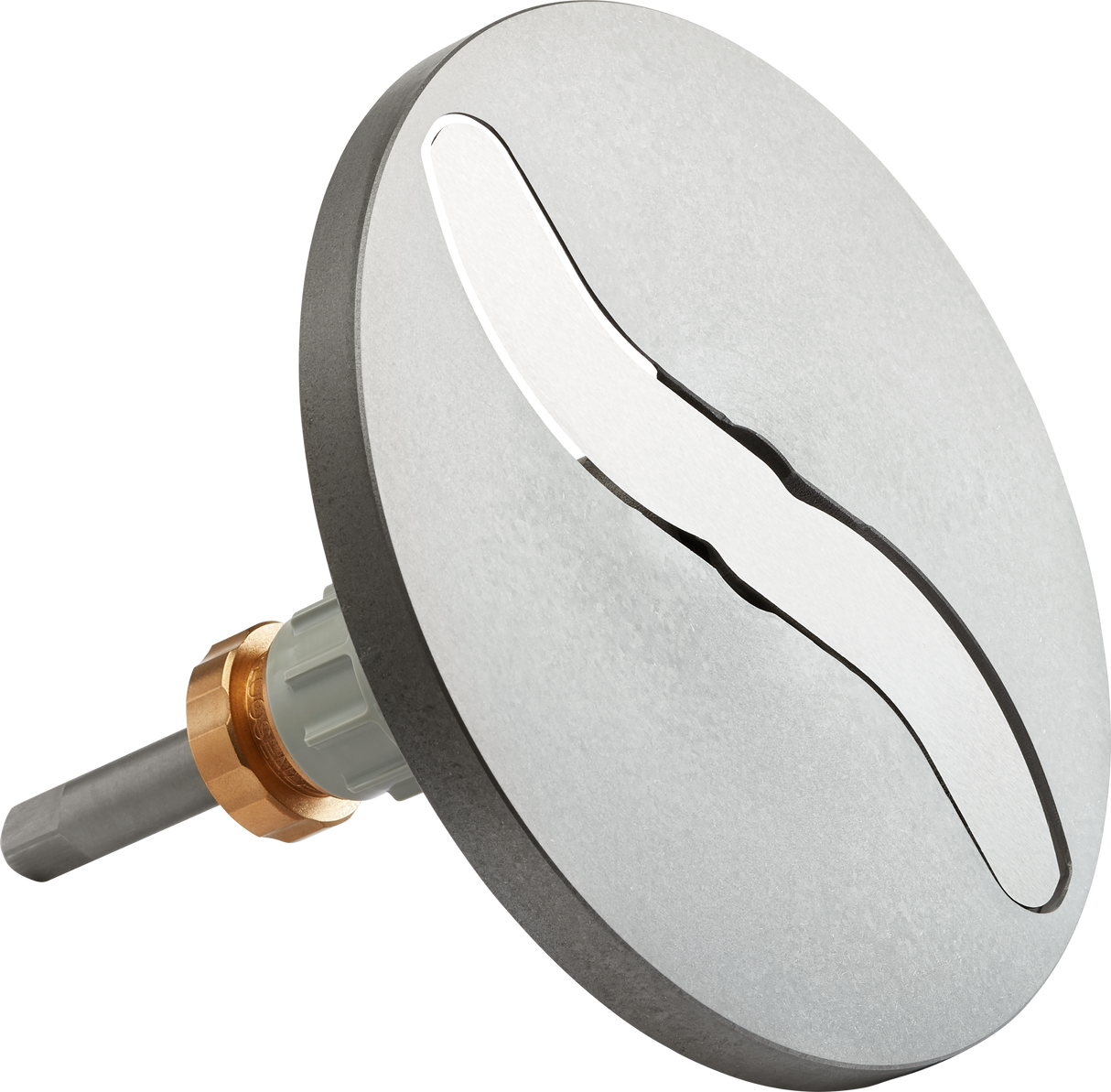 A metallic rotary tool blade with a large, circular, silver disc and a wavy, elongated slot in the center serves as an Adjustable Slicing Plate for a vegetable slicer, attached to a gray shaft and brass fitting, displayed at an angle on white.