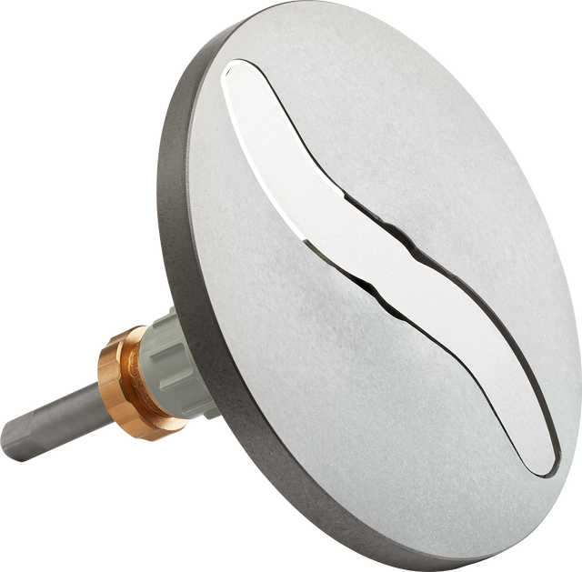 A metallic rotary tool blade with a large, circular, silver disc and a wavy, elongated slot in the center serves as an Adjustable Slicing Plate for a vegetable slicer, attached to a gray shaft and brass fitting, displayed at an angle on white.