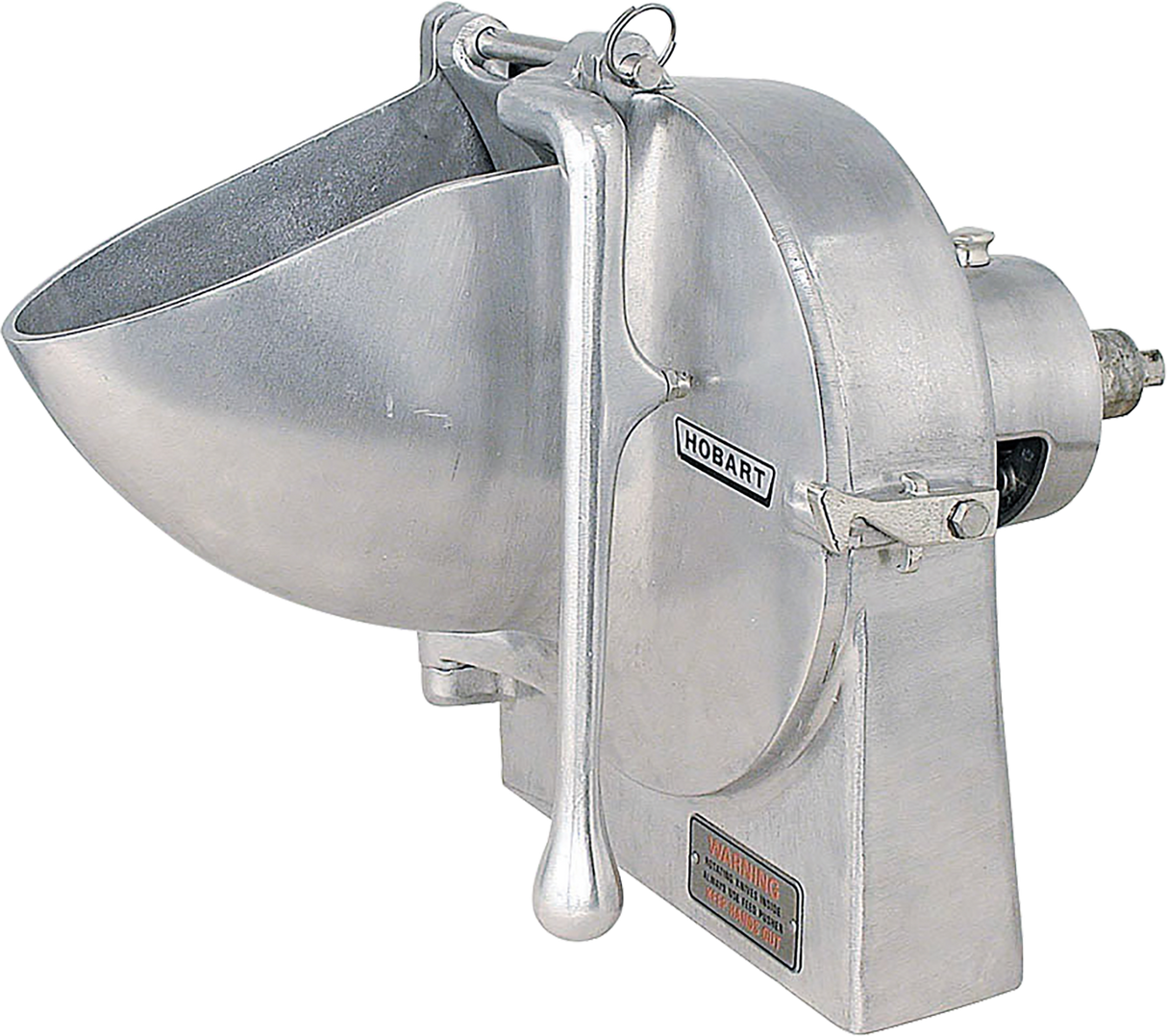 A large, industrial Hobart food chopper with a wide, angled bowl, lever arm, and #12 attachment hub. Made of shiny aluminum, this sturdy machine is designed for commercial food preparation and efficient vegetable slicing.