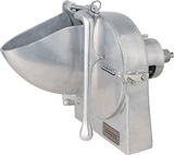 A large, industrial Hobart food chopper with a wide, angled bowl, lever arm, and #12 attachment hub. Made of shiny aluminum, this sturdy machine is designed for commercial food preparation and efficient vegetable slicing.