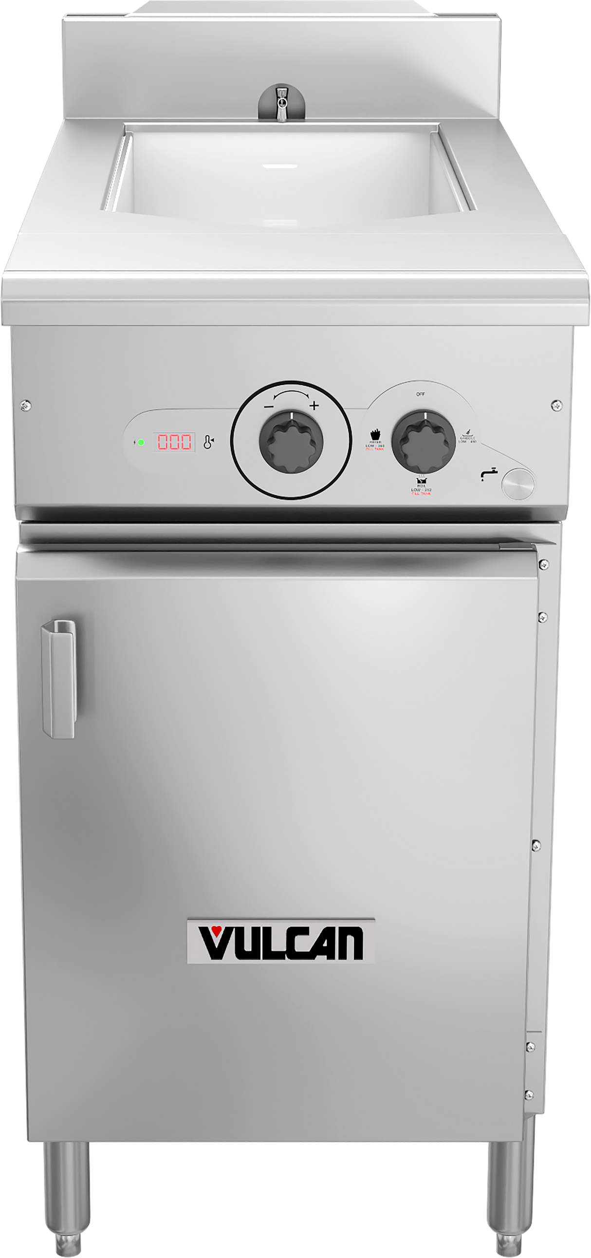 A stainless steel electric cooker with a deep rectangular basin, two control knobs, and a digital display above a cabinet door. The “Vulcan” brand is labeled on the front. This multifunction cooker stands on four sturdy legs.
